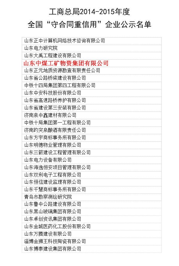 热烈祝贺中煤集团被工商总局评为2014-2015年度全国“守合同重信用企业”