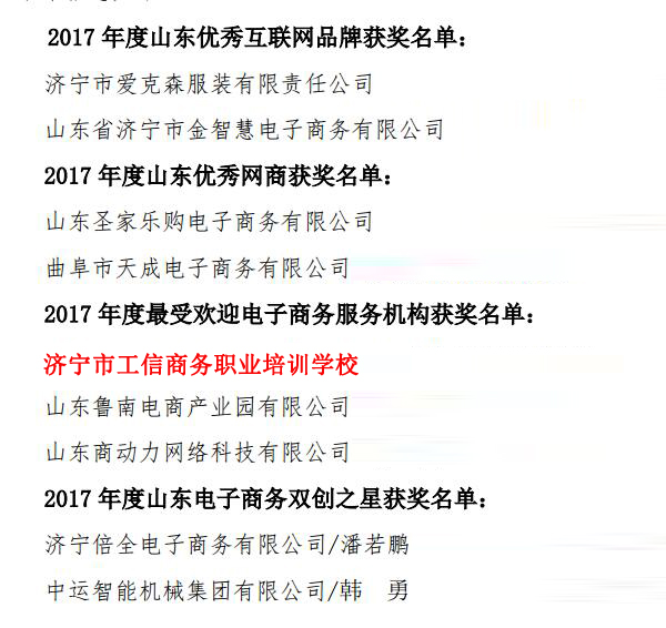 热烈祝贺济宁市工信商务职业培训学校被评为2017 年度电子商务服务机构